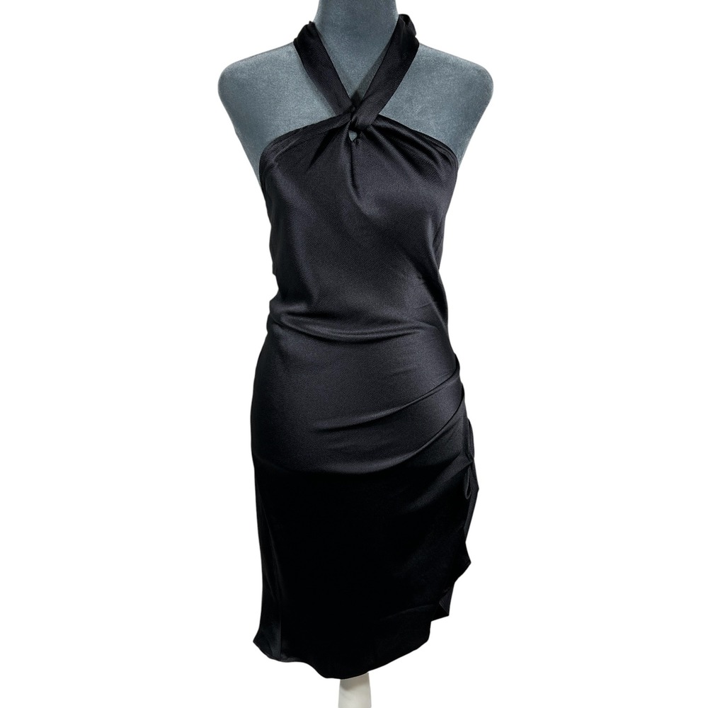 RESA Halter Midi Dress S Charcoal Gray Ruched Satin Twist Neck Open Back USA NEW